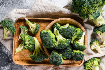 Raw broccoli in a wooden bowl. Gray background. Top view