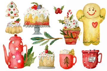 New Year or Christmas holidays elements on white background. Isolated elements with clipping path hand drawn watercolor illustration. Dessert, teapot, cup, cake, christmas cupcake.