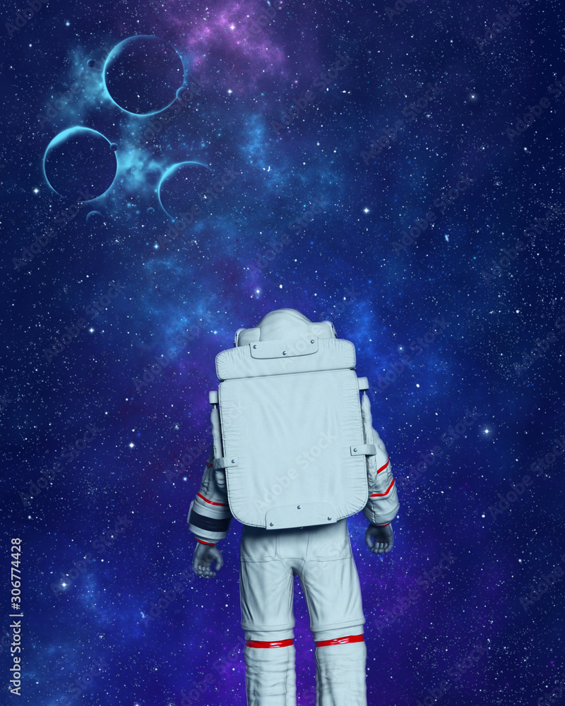 Wall mural astronaut standing and looking at outer space with stars and planets. 3d rendering.