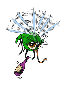 A drunk mosquito with a bottle. Cartoon style. Vector illustration