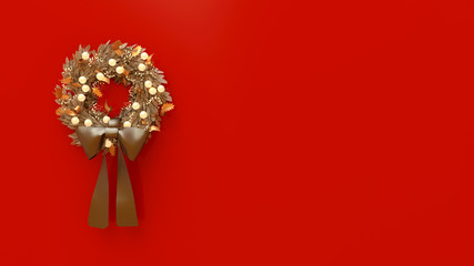 Golden Christmas wreath with bow on red background. 3D rendering.