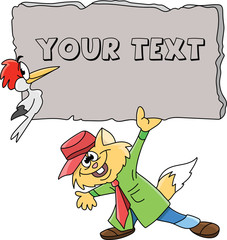 Cartoon cat wearing a green coat,red hat and a red bow tie holding a blank banner in his hands vector illustration