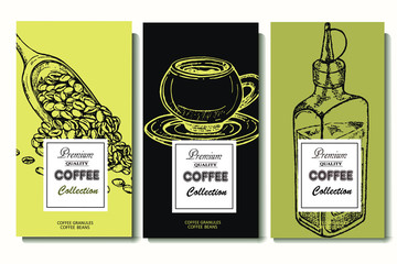 Coffee illustration. Hand drawn vector banner. Coffee beans, cup.