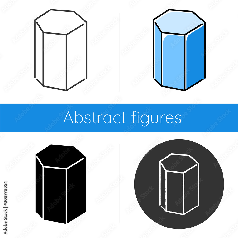 Poster hexagonal prism icon. geometric dimensional figure. polygonal construct. abstract shape. simple grap
