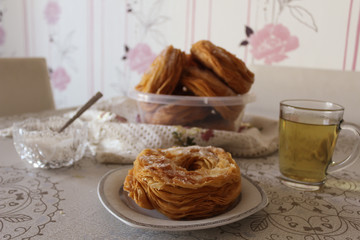 Lemon green tea and baked pastry and sweets