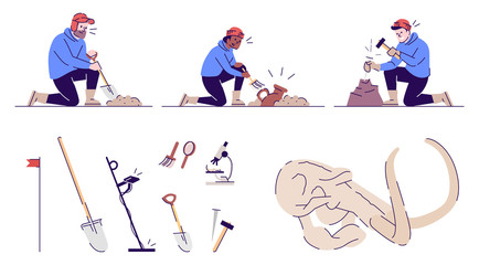 Archeology flat vector illustrations set. Archeological excavations. Equipment, historical artifacts, men, woman at work isolated cartoon characters with outline elements on white background