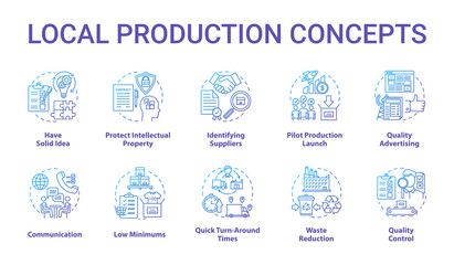 Local production concept icons set. Planning and launching small business. Commercial activity. Company management idea thin line illustrations. Vector isolated outline drawings