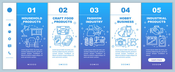 Local production onboarding mobile web pages vector template. Hobby business. Fashion industry. Responsive smartphone website interface idea, linear illustrations. Webpage step screens. Color concept
