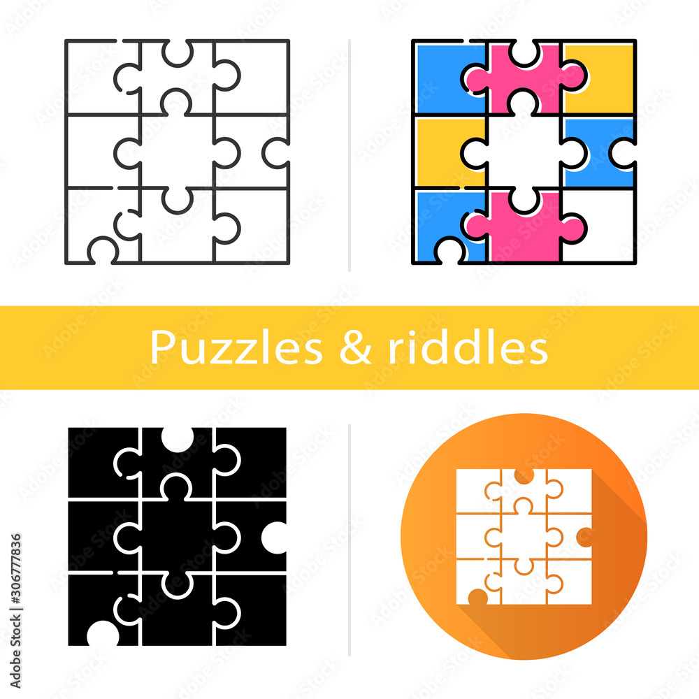 Poster jigsaw puzzle icon. tiling, assembly game. interlocking pieces. mental exercise. ingenuity test. bra