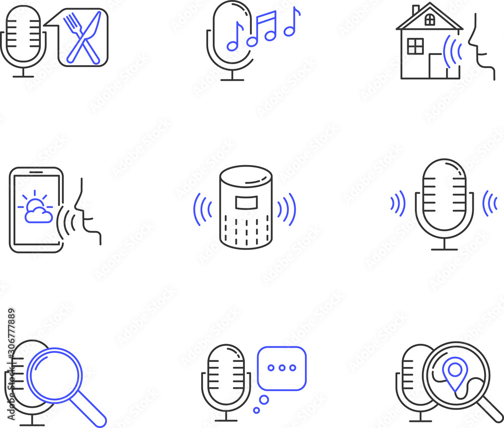 Poster Speech recognizing linear icons set. Voice control. Soundwave, voice command, cab order. Interactive response system. Thin line contour symbols. Isolated vector outline illustrations. Editable stroke