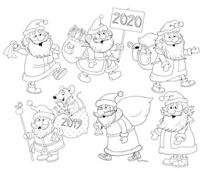 New Year 2020. Christmas. Year of the Rat. Coloring page. Christmas card.  Cute and funny cartoon characters.