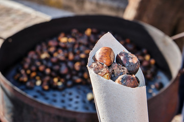 Roasted chestnut in autumn in Barbagia, Belvì, Sardinia, Italy