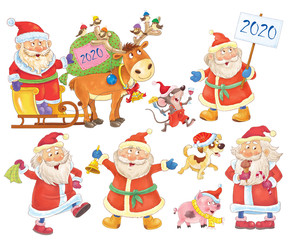 New Year 2020. Christmas. Year of the Rat. Coloring page. Christmas card.  Cute and funny cartoon characters.