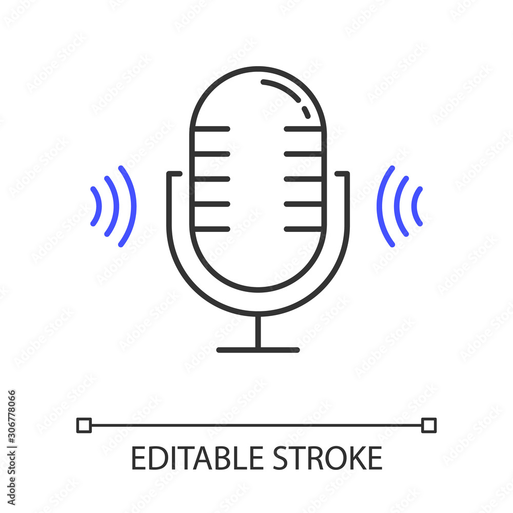 Poster voice search command linear icon. sound request. microphone and magnifier. sound recorder, music equ