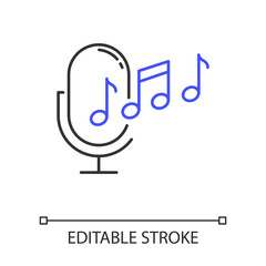 Food ordering command linear icon. Voice control application. Portable microphone. Sound record equipment. Thin line illustration. Contour symbol. Vector isolated outline drawing. Editable stroke