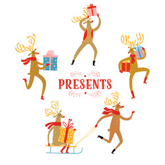 Christmas illustration set of cute deers with present boxes.