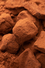 Macro chocolate truffles with cocoa in wooden plate on table on dark background. Top view.