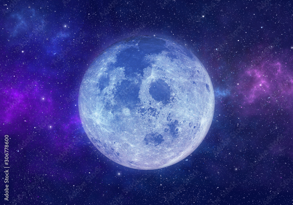 Wall mural blue moon in space with nebula and stars. elements of this image furnished by nasa.