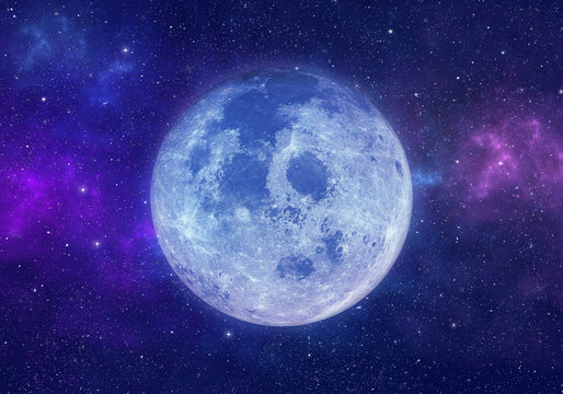 Blue moon in space with nebula and stars. Elements of this image furnished by NASA.
