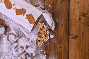 Traditional German Christmas baking. Sweets for the holiday on a wooden background. Copy space