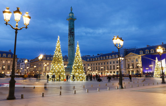 The place Vendome decorated for Christmas at night, Paris, France.