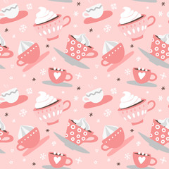Seamless pattern with hand drawn pink Valentine's Day romantic cute cups, mugs, hearts, coffee, cocoa and more. Vector illustration background in pink and white colors