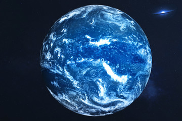 Neptune Planet of solar system with white atmosphere with far galaxy on the background. Twillight. Blue planet. Science fiction. Elements of this image were furnished by NASA 