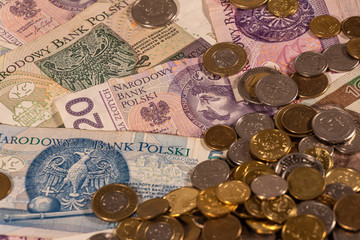 A composition of Polish Zloty. PLN banknotes and coins