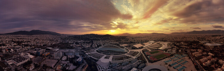 Aerial drone photo of public sports facilities in Marousi area at sunset, North Attica, Athens,...