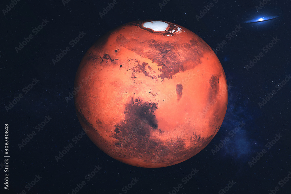Sticker mars planet of solar system in the space with far galaxy on the background. science fiction. element