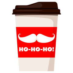 Merry Christmas paper coffee or tea cup decorated santa claus mustache, ho-ho-ho illustration
