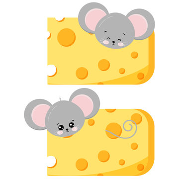 Cute mouse pick out of cheese set isolated on white background.