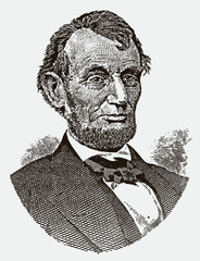Historical portrait of Abraham Lincoln, the american president. Illustration after an engraving from the 19th century