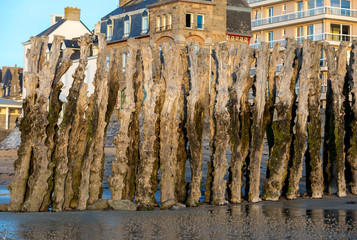 Big breakwater and beach in Saint Malo, 3000 trunks to defend the city from the tides,...