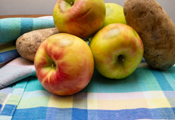 Apples Potatoes on Table Cloth