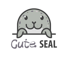 Logo template with cute curious harbor seal. Vector logo design arctic animal template for zoo, veterinary clinics, etc. Cartoon animal logo illustration.