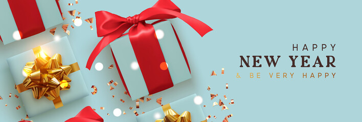 Happy New Year. Holiday Background with realistic gift boxes, golden glitter confetti, bokeh lights. Happy New Year and Be Very Happy. Horizontal Christmas poster, greeting card, headers for website