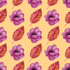 Watercolor seamless pattern with  leaves and pink flowers isolated on orange background. Hand painted illustration. 