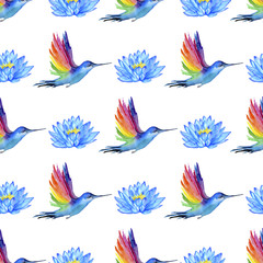 Watercolor seamless pattern with blue lotus flowers and humming bird isolated on white background. Hand painted illustration. 