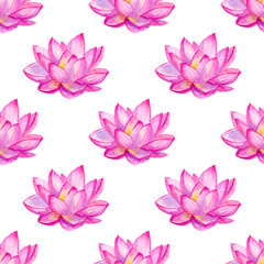 Watercolor seamless pattern with pink lotus flowers isolated on white background. Hand painted illustration. 