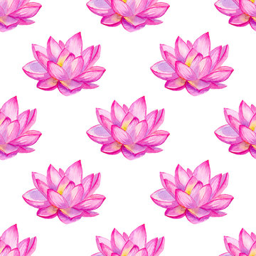 Watercolor seamless pattern with pink lotus flowers isolated on white background. Hand painted illustration. 
