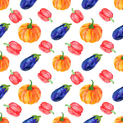 Watercolor seamless pattern with  pumpkin, bell peppers and eggplant isolated on white background. Hand painted vegetables illustration. 
