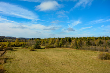 A green landscape from above, with big meadow, trees and blue sky in  Germany