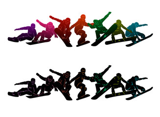 Snowboard, snowboarders, snowboarding extreme winter sport people silhouettes vector illustration, riding a board, tricks