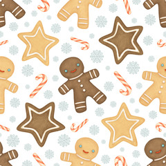 Fototapeta na wymiar Gingerbread men, candy canes, and snowflakes on a white background. Christmas seamless pattern with gingerbread men