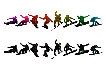 Snowboard, snowboarders, snowboarding extreme winter sport people silhouettes vector illustration, riding a board, tricks