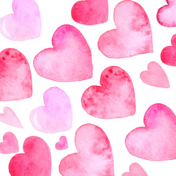 pink watercolor hearts on a white background. texture or background of hearts for valentines day or wedding