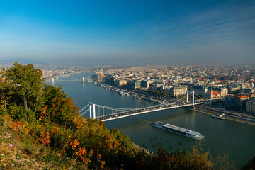 Fototapeta na wymiar Budapest skyline, taken in a hazy morning, from Gellert Hill Citadel, November 2019.