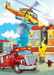 cartoon stage with different machines for firefighting helicopter and fire truck colorful scene illustration for children
