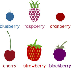 Set of different ripe berries in flat style on white background